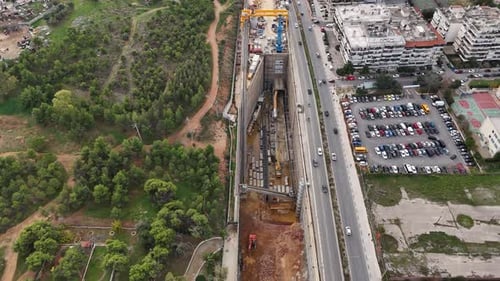 Flying over construction site. Metro construction site