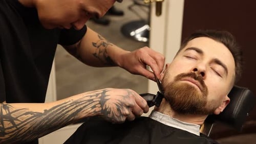 Stylist trimming man's beard with hair clipper in barbershop