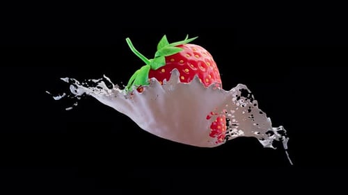 Uma rotação em loop de morangos em um pouco de leite. Canal Alfa.