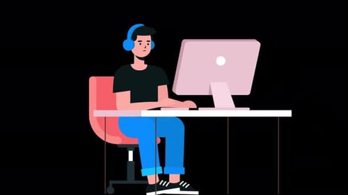 Businessman Sitting At Desk Working On Computer Cartoon Animation 4K On Alpha Channel