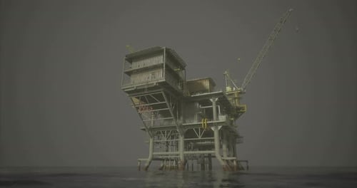 Oil Rig Standing in Calm Waters Under Cloudy Sky During Evening Hours