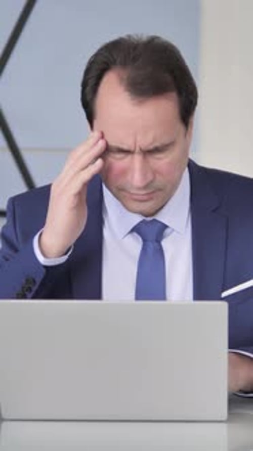 Headache, Businessman with Pain in Head Working In Office, vertical video