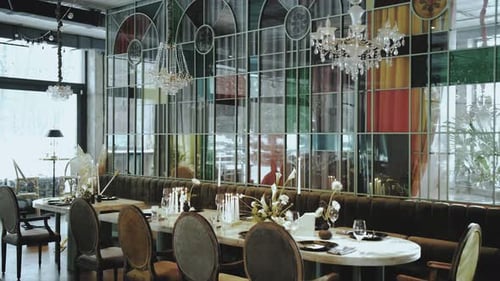 Empty wedding venue with tables and decorations