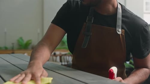 Close Up Smiling Latino American Ethnic Man Male Cafe Worker in Apron Guy Waiter Cleaner Barista
