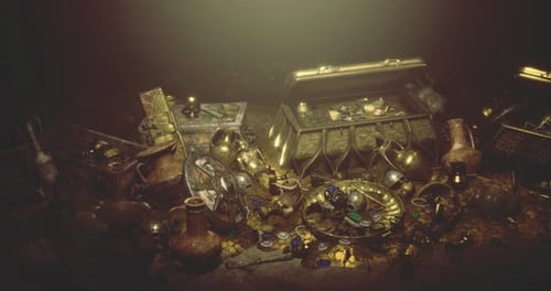 A Dark Cave Brimming with Gold Coins and Ancient Treasures
