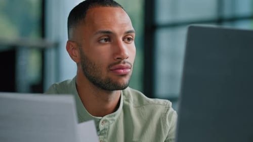 Serious Pensive Thinking African Latina Businessman Boss Auditor Checking Corporate Paperwork