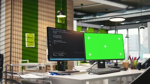 Technology Company Workspace with Chroma Key Computer