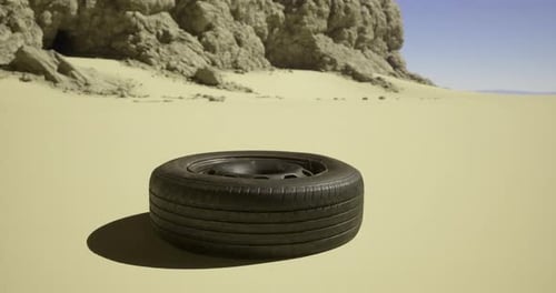 Tire Resting on Sandy Terrain Near Rocky Formations During Daylight