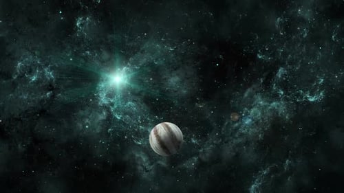 Rotating Planet and Bright Star in Cosmic Nebula Background