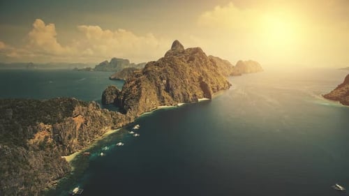 Sunset at Tropical Island El Nido at Blue Ocean Bay Sun Shine Aerial View Nobody Wild Nature