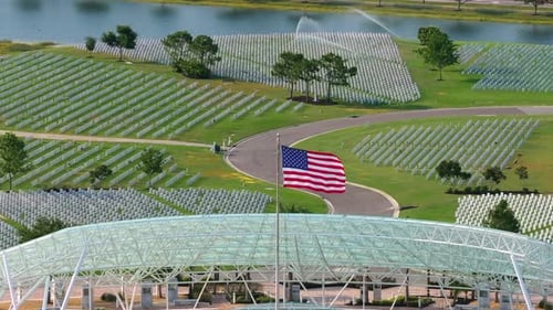 Aerial View of Cemetery with American Flag