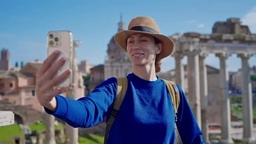 Woman Taking Selfie at Ancient Roman Ruins