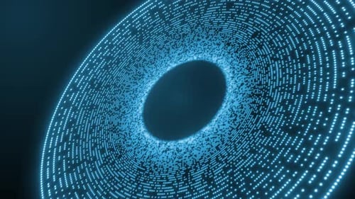 Blue Particle Circle Glowing, Particle Circle Moving On Screen, High Tech Circle Background. Loop An