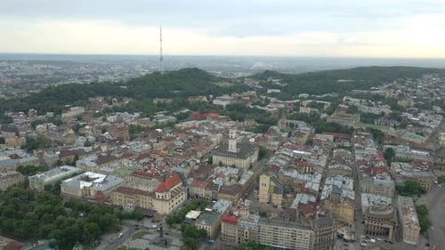 Drone aerial video in central part of old city of Lviv, Ukraine