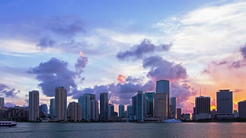 Miami Florida skyline at sunset with water view
