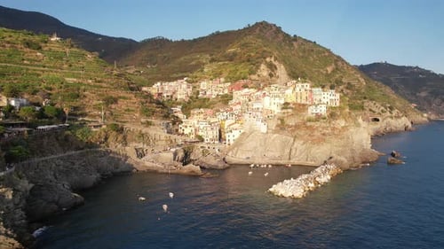 Aerial video over a small colorful town, La Spezia Italy