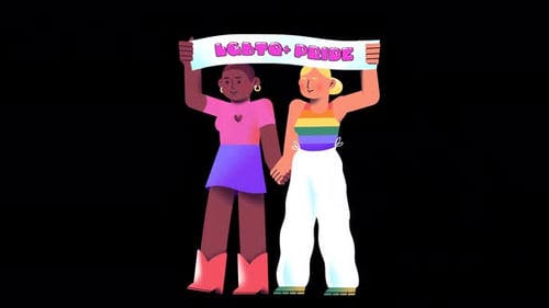 Animated Pride Celebration with Diverse People Holding Banner