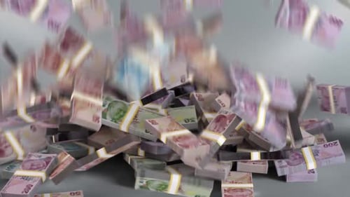 Turkey Money - Lira Stacked Money Falling - Turkish Currency