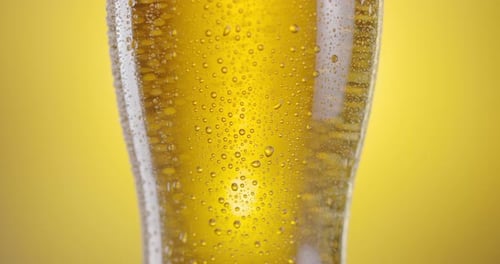 A câmera sobe lentamente ao longo de um copo de cerveja com cerveja light.