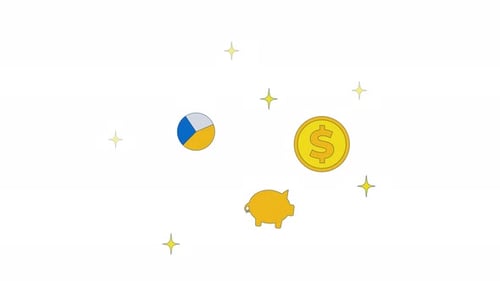 Piggy bank, dollar coin and pie chart surrounded by sparkles 2D animation