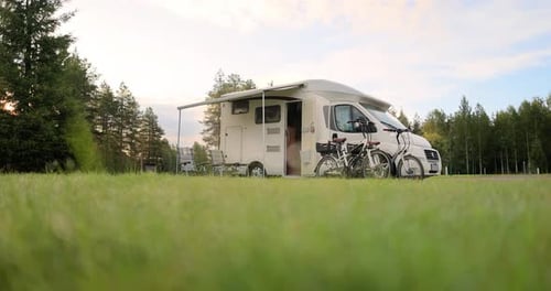 Family vacation travel RV, holiday trip in motorhome, Caravan car Vacation.