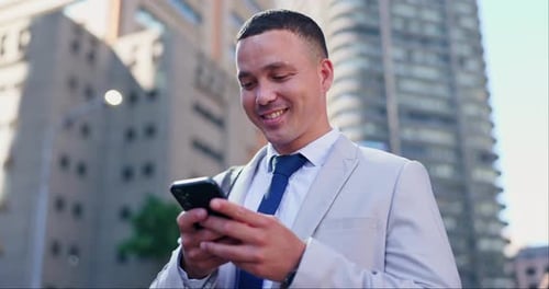 Hands, business man and smartphone in city for communication and social media chat