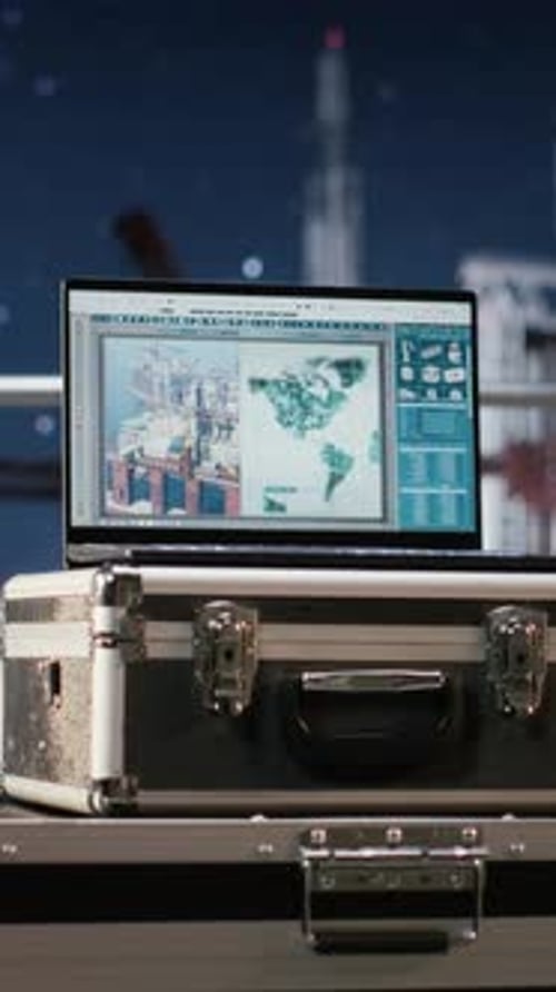 Vertikales Video: Leerer Computer zeigt ein Dashboard für vorausschauende Wartung bei Offshore-Bohrungen an