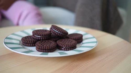 Chocolate cookies on striped plate indoors