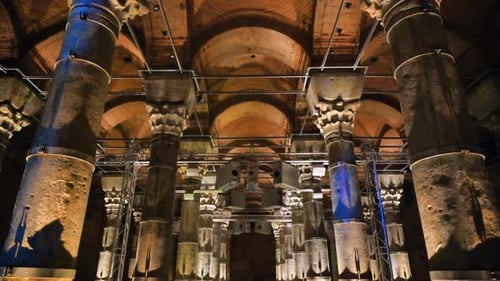 Interior view of the Theodosius cistern in Istanbul, Turkey. A lot of columns, twilight with illumin