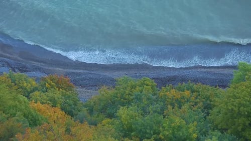 Wellen laufen am steinigen Strand mit Herbstbäumen, Luftaufnahme, Zeitlupe