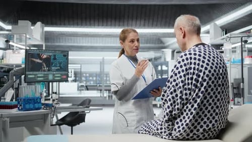 Doctor explaining diagnosis to senior man in hospital