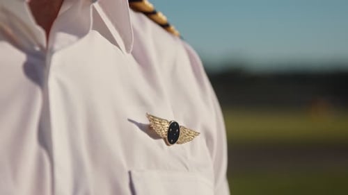 A pilot in his uniform, when he turns there is a slight shine across his badge.