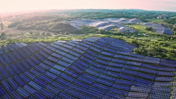Aerial View Of Solar Panels (Solar Cell) With Sunlight. drone Flight ...