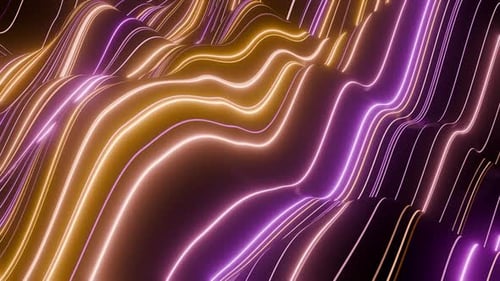 Looped background with abstract striped waves and bright neon lines on a shiny surface