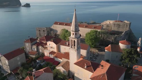 The old town of Budva shot from a drone. The best sights of Montenegro. Budva Old Town.