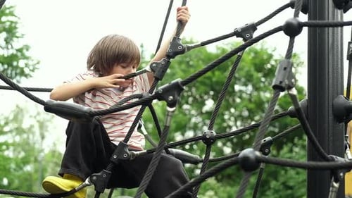 A Child Boy is Climbing Up an Alpine Grid in a Park on a Playground on a Hot Summer Day Kids