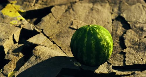 A Ripe Watermelon is Resting on a Rugged Rocky Surface Under Bright Sunlight