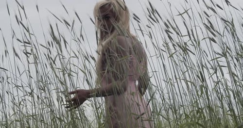 Black Girl In Pink Silk Gown Standing In Field Of Tall Grass On An Overcast Summer Day. Medium Shot.