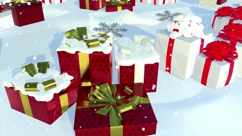 Animated Christmas Presents Landing in Snowy Landscape