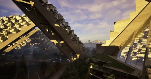 Arquitectura innovadora en un paisaje urbano futurista al amanecer
