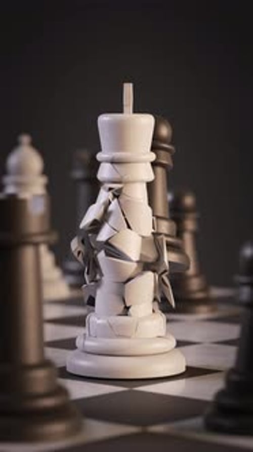 White Chess King Shatters on Board 3D Animation