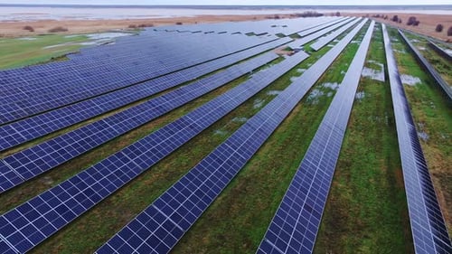 Wide Aerial View of Rows of Solar Panels