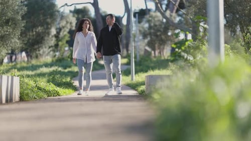 Happy Couple Walking Hand in Hand in Park