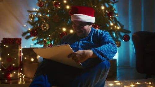 Man With Blue Pajamas Enjoys Advent Calendar Near Christmas Tree At Night