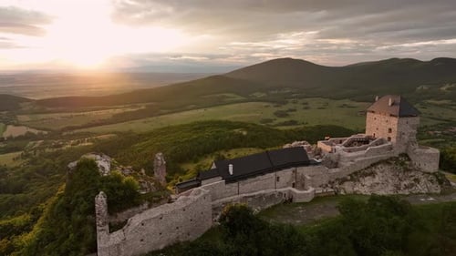 Aerial view of Regec Castle in Hungary - sunset