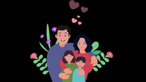 Animated Happy Family with Hearts and Flowers