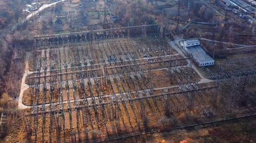 Drone view of electricity supplies. High voltage power mini electricity station.