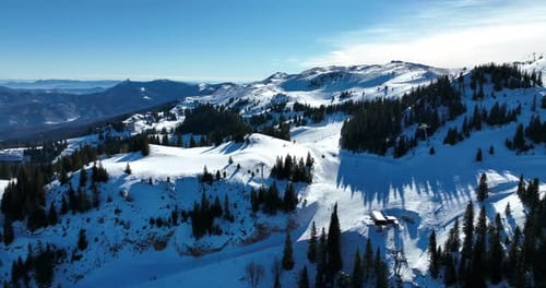 A ski resort in a mountain range dotted with pine forests on a clear sunny day