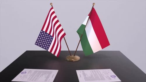 Hungary and USA at the negotiating table, a diplomatic deal. Business and politics animation