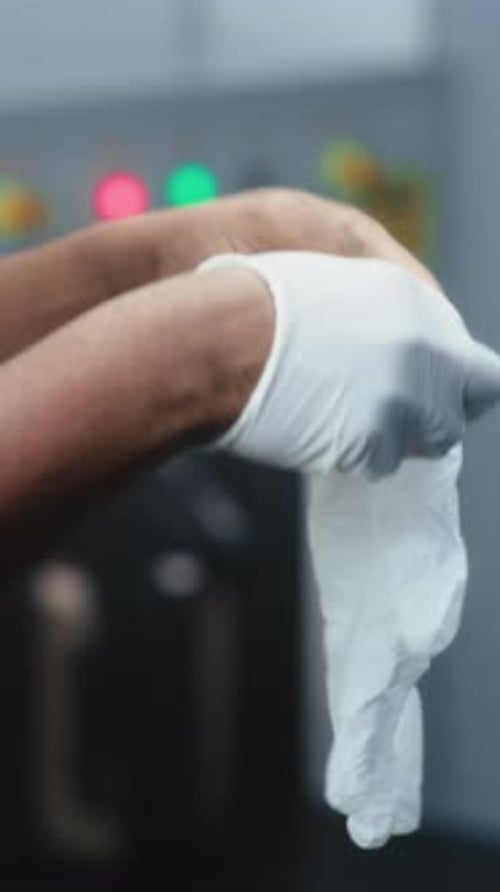 Person Putting on White Gloves at Airport Security